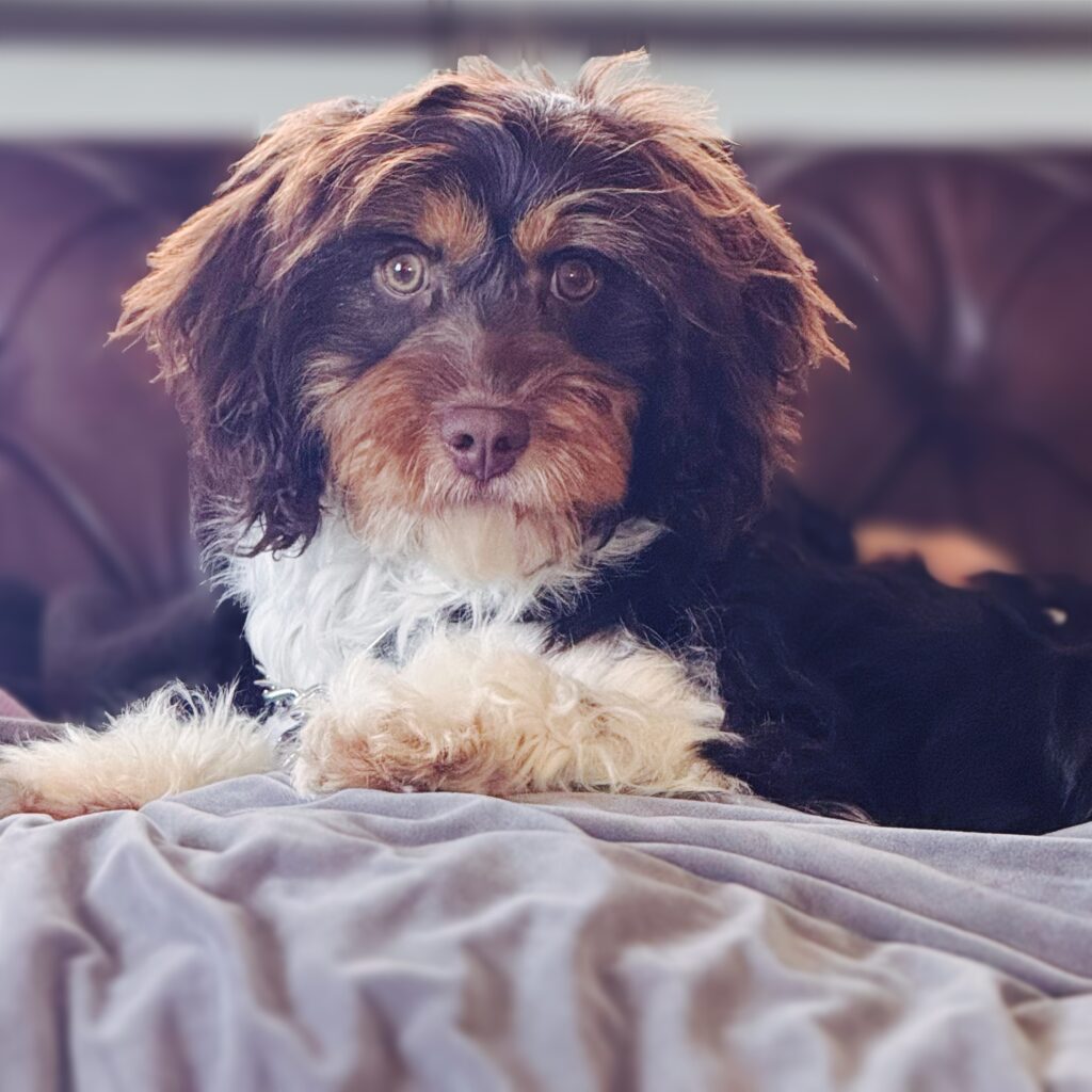 chocolate cavapoo laying on leather couch in Las Vegas, Nevada