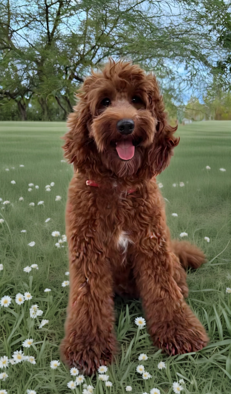 Dark red Goldendoodle mother dog sitting on grass in Las Vegas, Nevada