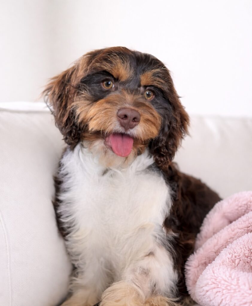 Chocolate and white Cavapoo on white couch in Las Vegas, Nevada