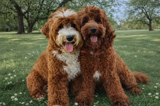 Goldendoodle parents on grass under trees in Las Vegas Nevada