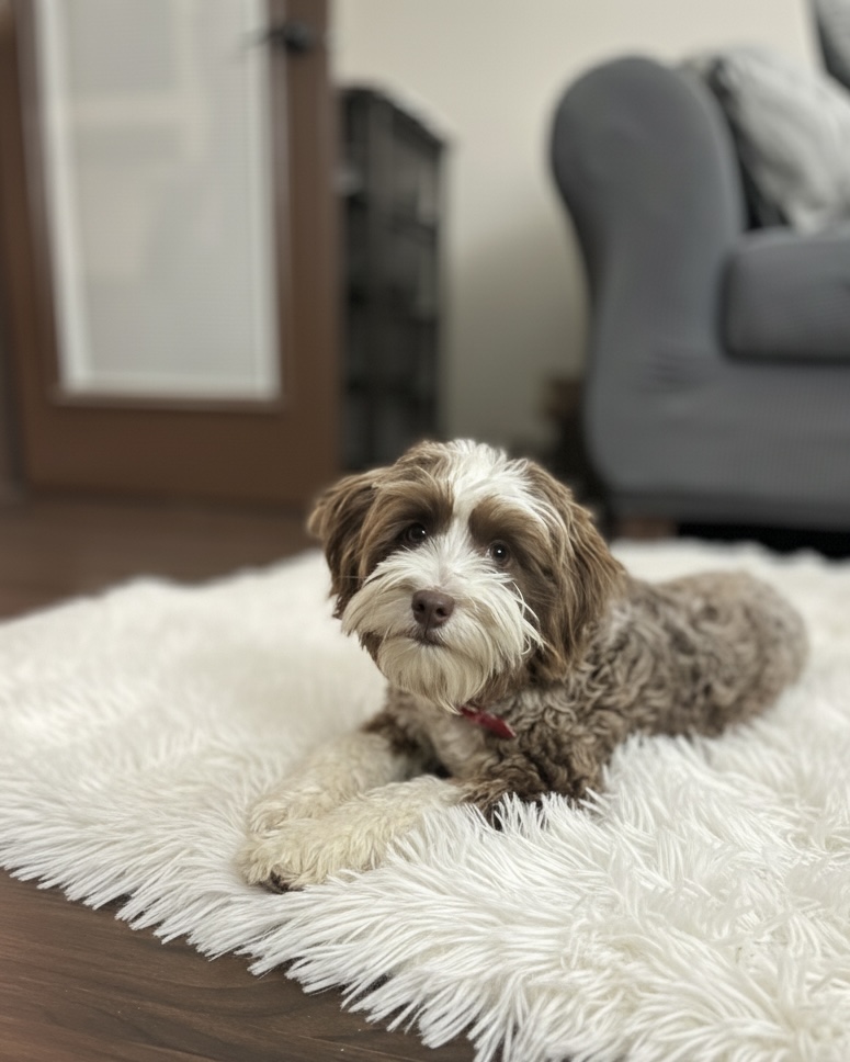 Chocolate Australian Labradoodle lying on white rug, in Las Vegas, Nevada