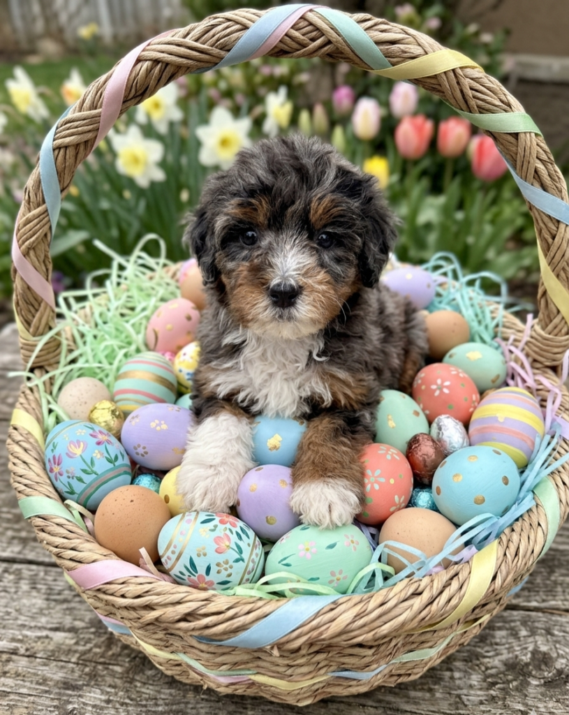 female Bernedoodle puppy with merle coat sitting on bed