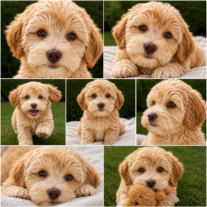 collage of photos of a sweet Australian Laabradoodle male mini pup