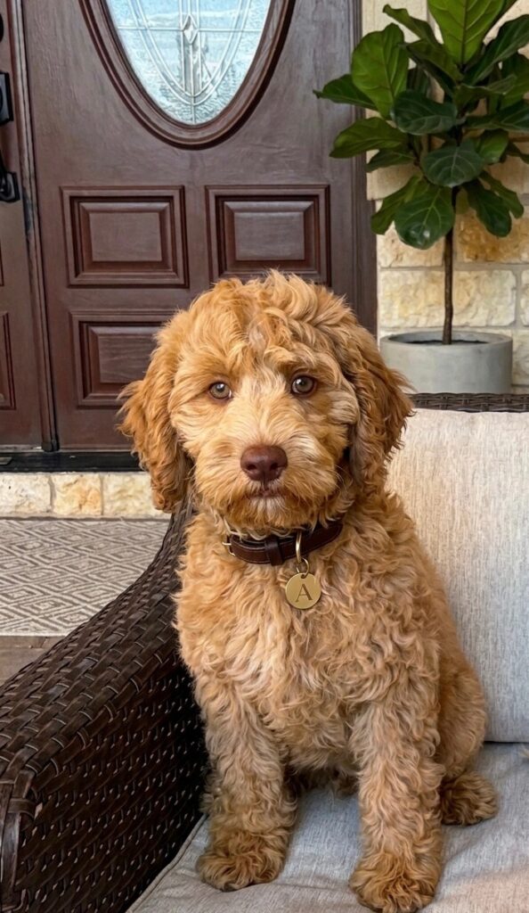 male australian labradoodle sitting on chair outside