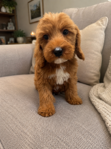 male goldendoodle puppy sitting on couch in room